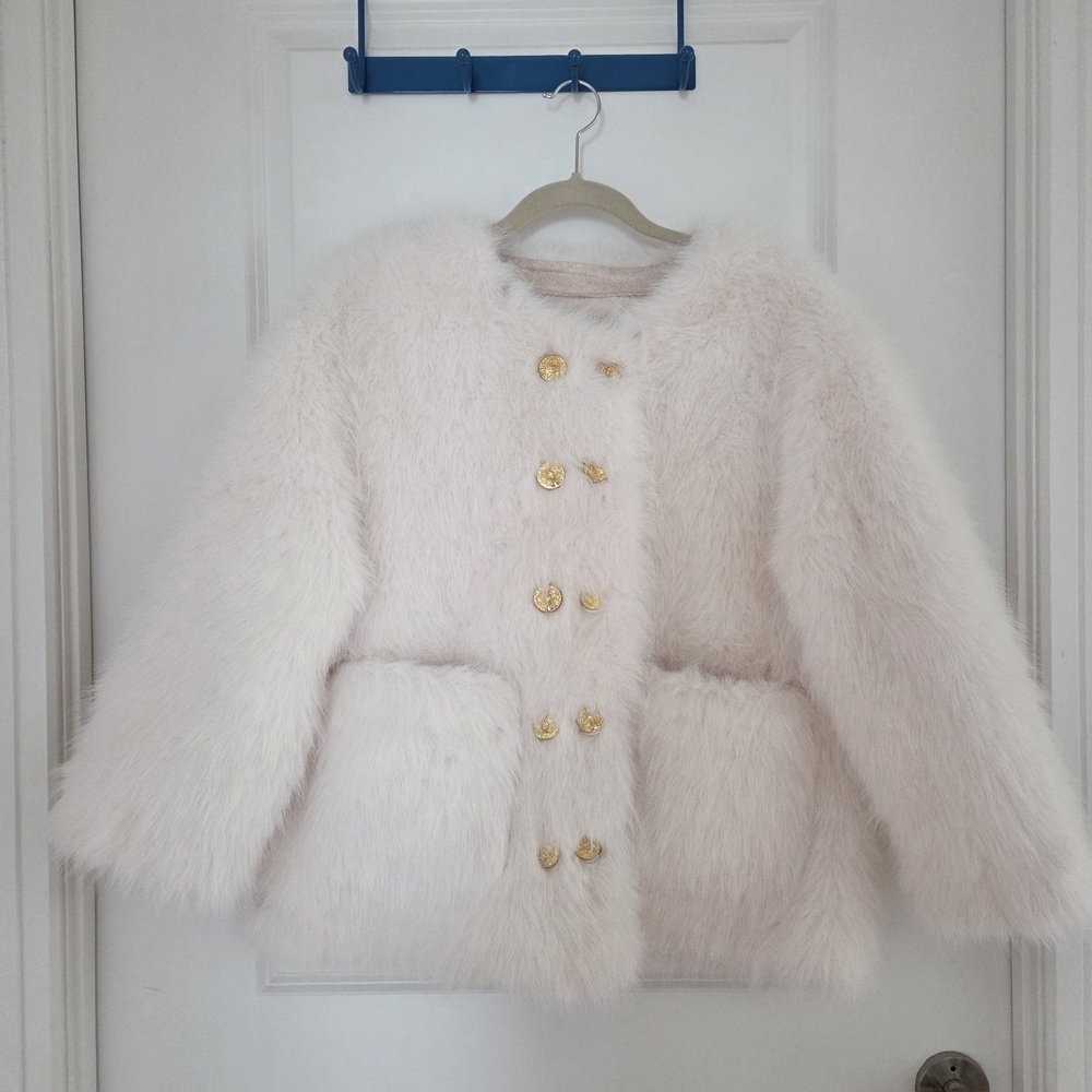 Cream Faux Fur Coat with Gold Buttons
